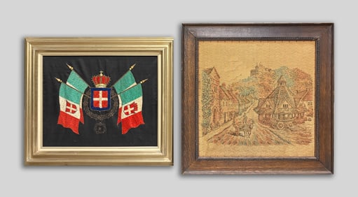 Two Old Embroidered Wall Hanging Decors