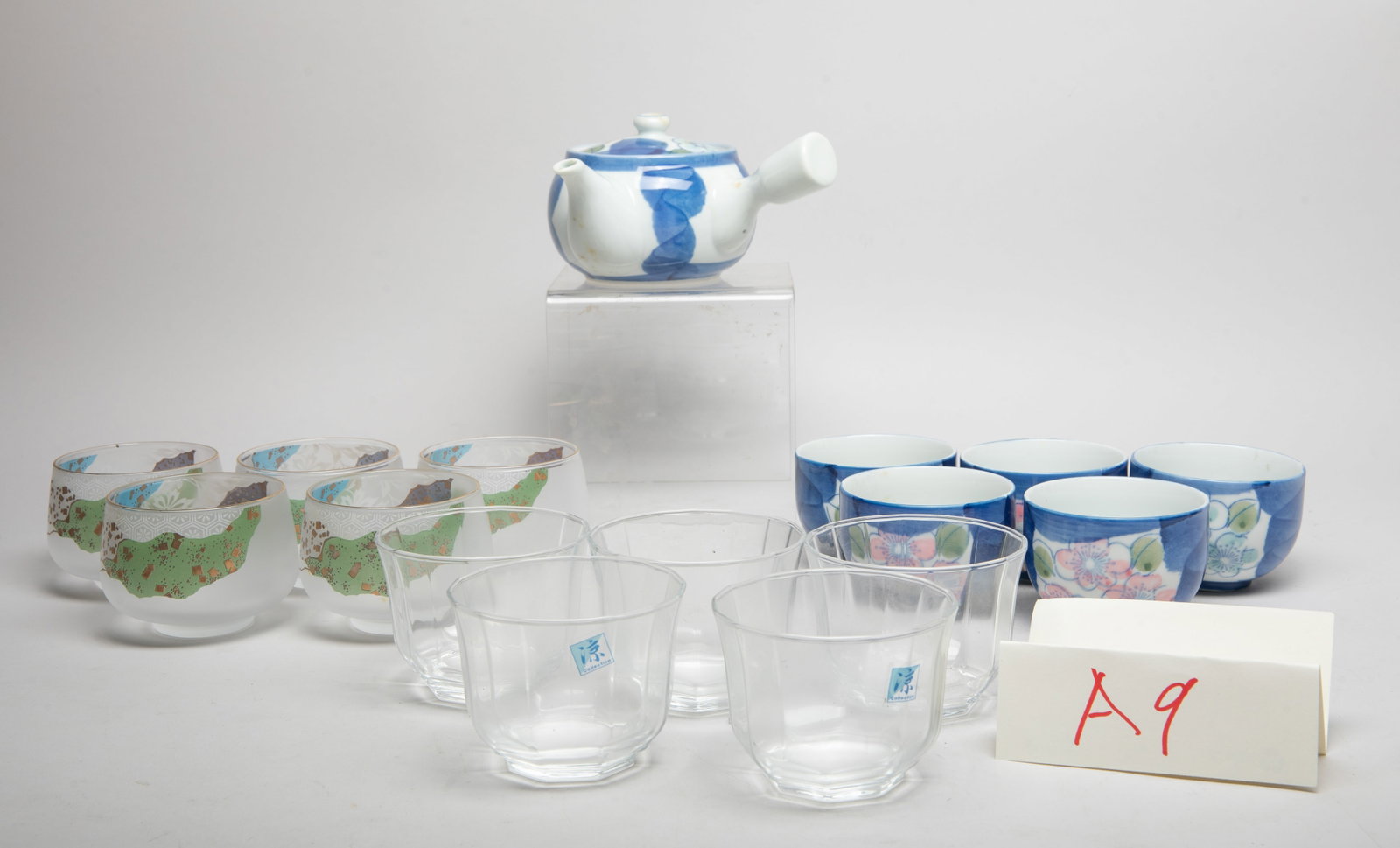 Vintage Japanese Glass, Porcelain Tea Wares: Japanese glass and porcelain tea set pieces. Size varies.