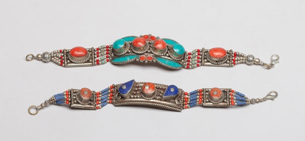 Two Chinese Tibetan Inlaid Gemstone Bracelets