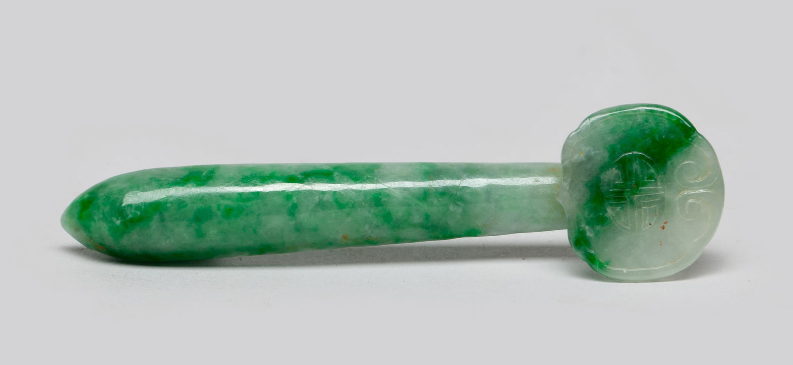 Rare Chinese Jade Jadeite Hairpin: Chinese jade jadeite carved ruyi form hairpin, the head incised with a stylized character. Approx. 3.5*0.93*0.35 inch.