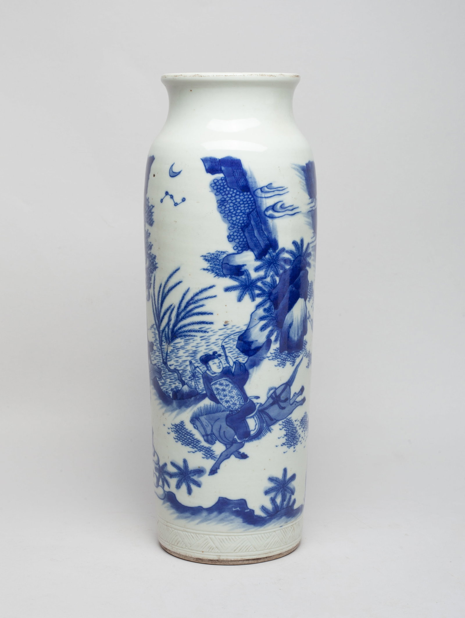Tall Chinese Blue & White Porcelain Vase: Of tall cylindrical form with a short waisted neck, depicting to the body with a vivid figural scene. Approx. 12.1*4.1 inch.