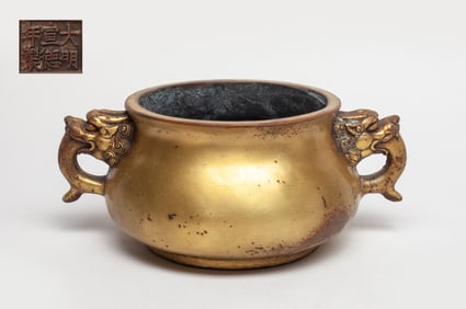 Estate Chinese Gilt Bronze Cabinet Censer