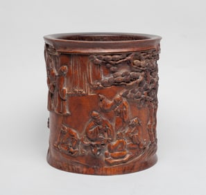 Large Chinese Carved Wood Brush Pot