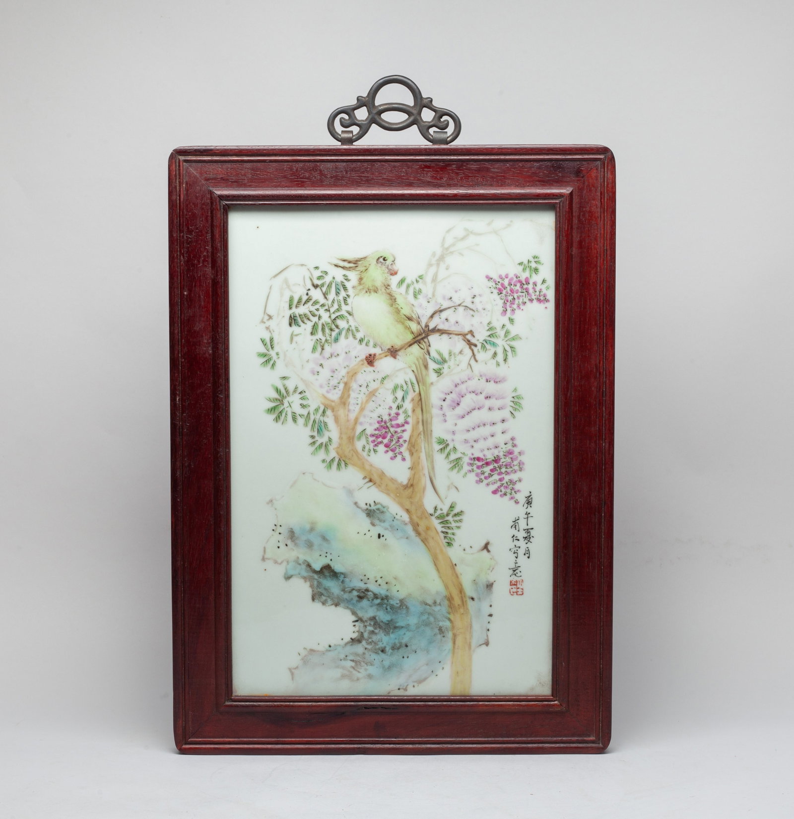 Estate Chinese Porcelain, Wood Hanging Plaque: Chinese porcelain plaque with wood frame, of rectangular shape, painted with a bird on a flower tree over rock, inscribed with related passages. Approx. 17.2*12.5 inch (frame size).