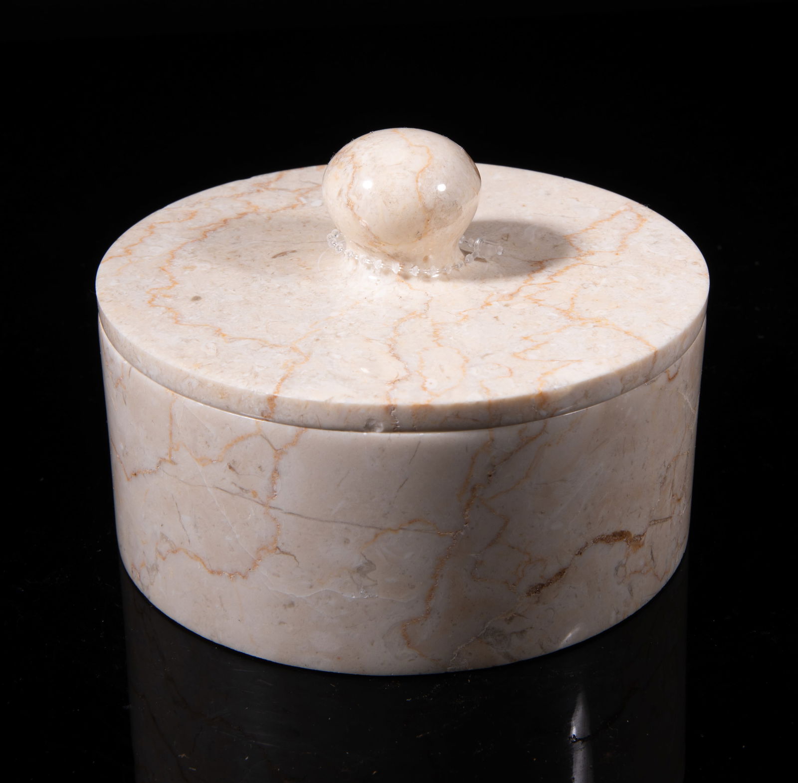 Vintage Continental Marble Box: Collectible marble box, of circular section, the lid with a globular knob. Approx. 4.6*3.2 inch. The Estate of E Hollywood, 2024.