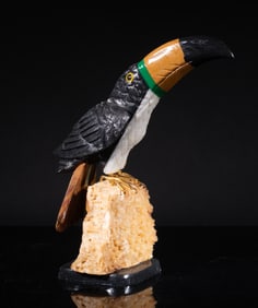 Vintage Gemstone Carved Sculpture of Parrot