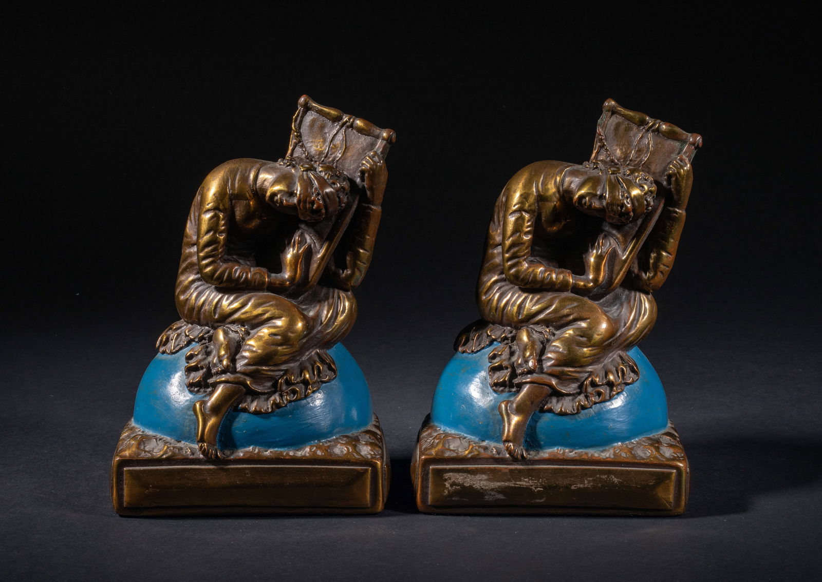 1920s Gilt Bronze Bookends of Lady: Pair of vintage gilt bronze bookends cast as seated lady playing harp. Approx. 7*4.6*2.5 inch (each).