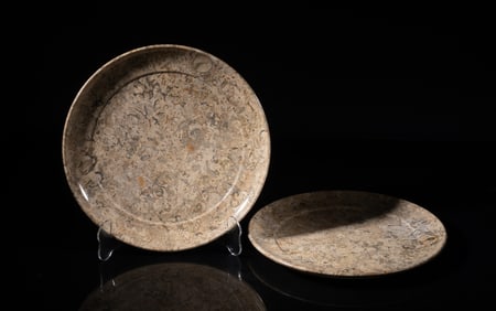 Two Vintage Fossil Stone Carved Plates
