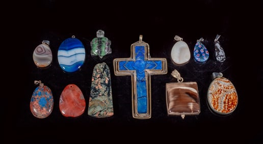 Banded Agate, Eye Pendants, Sterling Lapis Cross