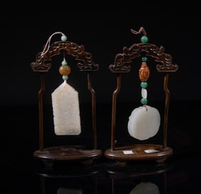 Two Chinese White Jade Plaques on Stand