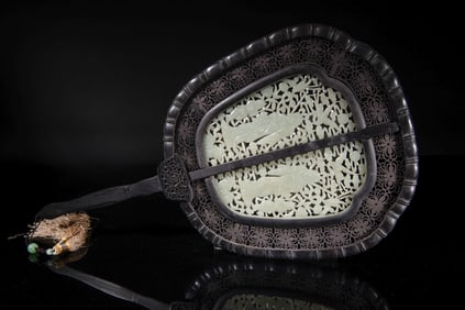 Rare Chinese Wood Fan Inlaid Jade