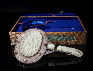 Chinese Export Sterling Silver, Jade Hand Mirror