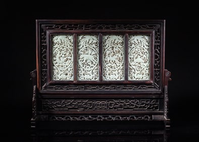 Rare Large Chinese Wood Table Screen w/ Jade