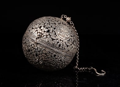 Large Chinese Silver Tone Incense Hanging Purse