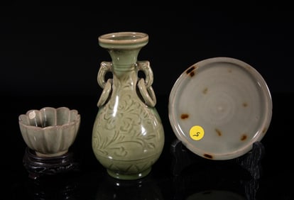 Chinese Longquan Porcelain Vase, Cup, Plate