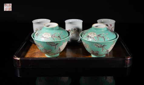 Set Chinese Export Porcelain Tea Cups w/ Tray