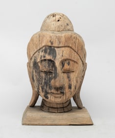 Vintage Garden Used Asian Wood Buddha Head