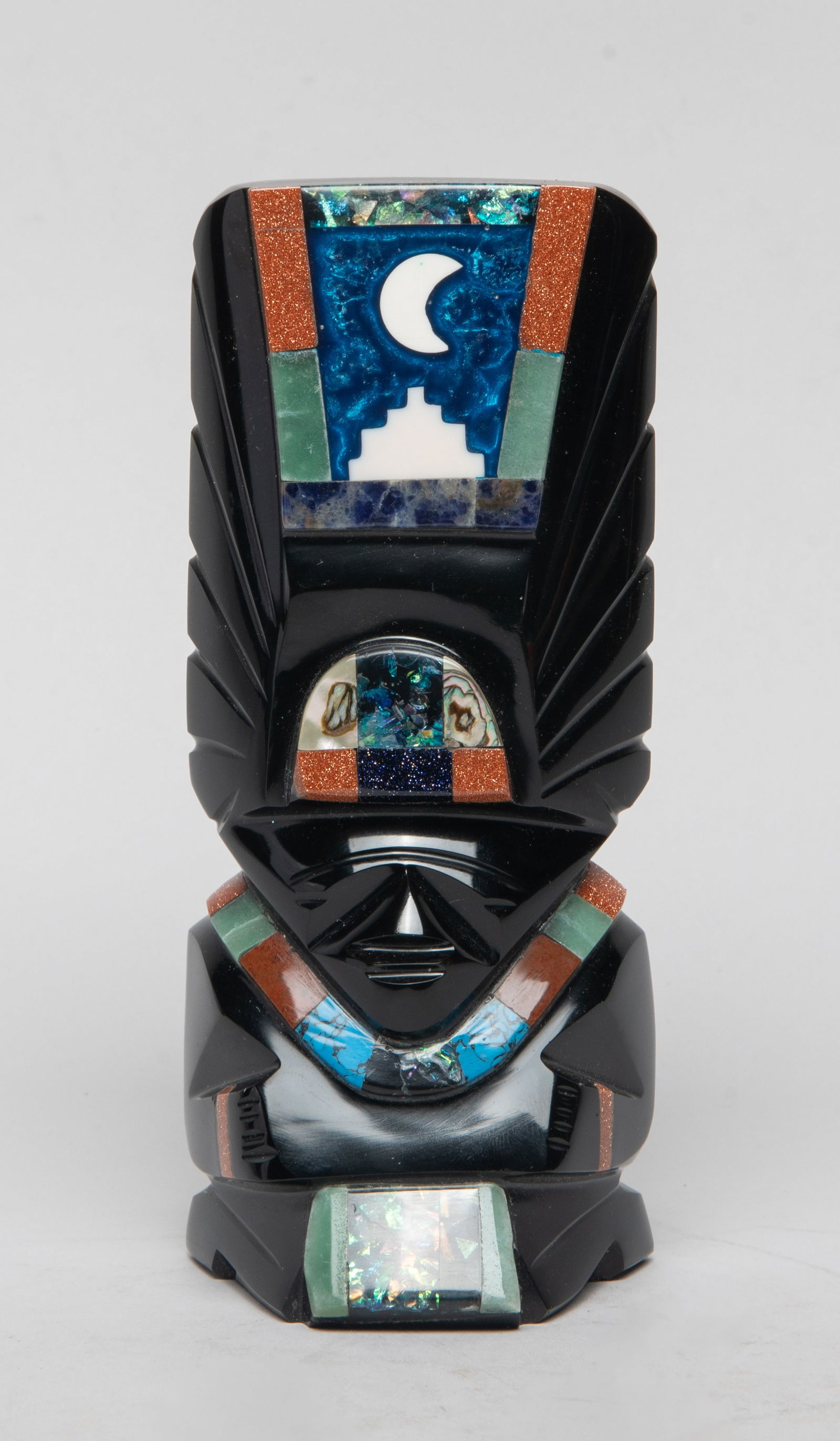 Special South American Gemstone Sculpture: Vintage South American black gemstone carved figurine sculpture of abstract style, inlaid with mother-of-pearl and multi gemstone. Approx. 6.3*2.7*1.8 inch.