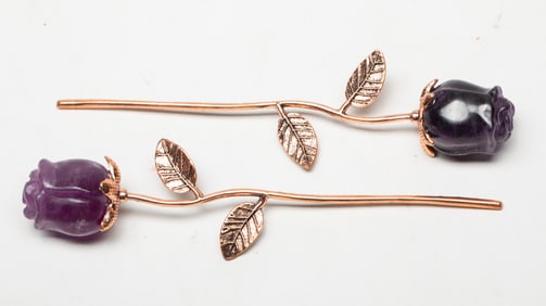 Two Vintage Amethyst Brass Rose Pins