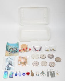 Box of Sterling Silver Coins, Pearl, Vintage Jewelry