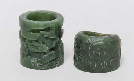 Two Chinese Spinach Jade Thumb Rings