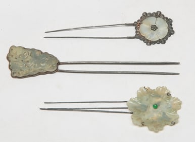 Set Chinese Export Jade, Silver Hairpins