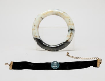 Chinese Russet Jade Bangle, Aquamarine Choker