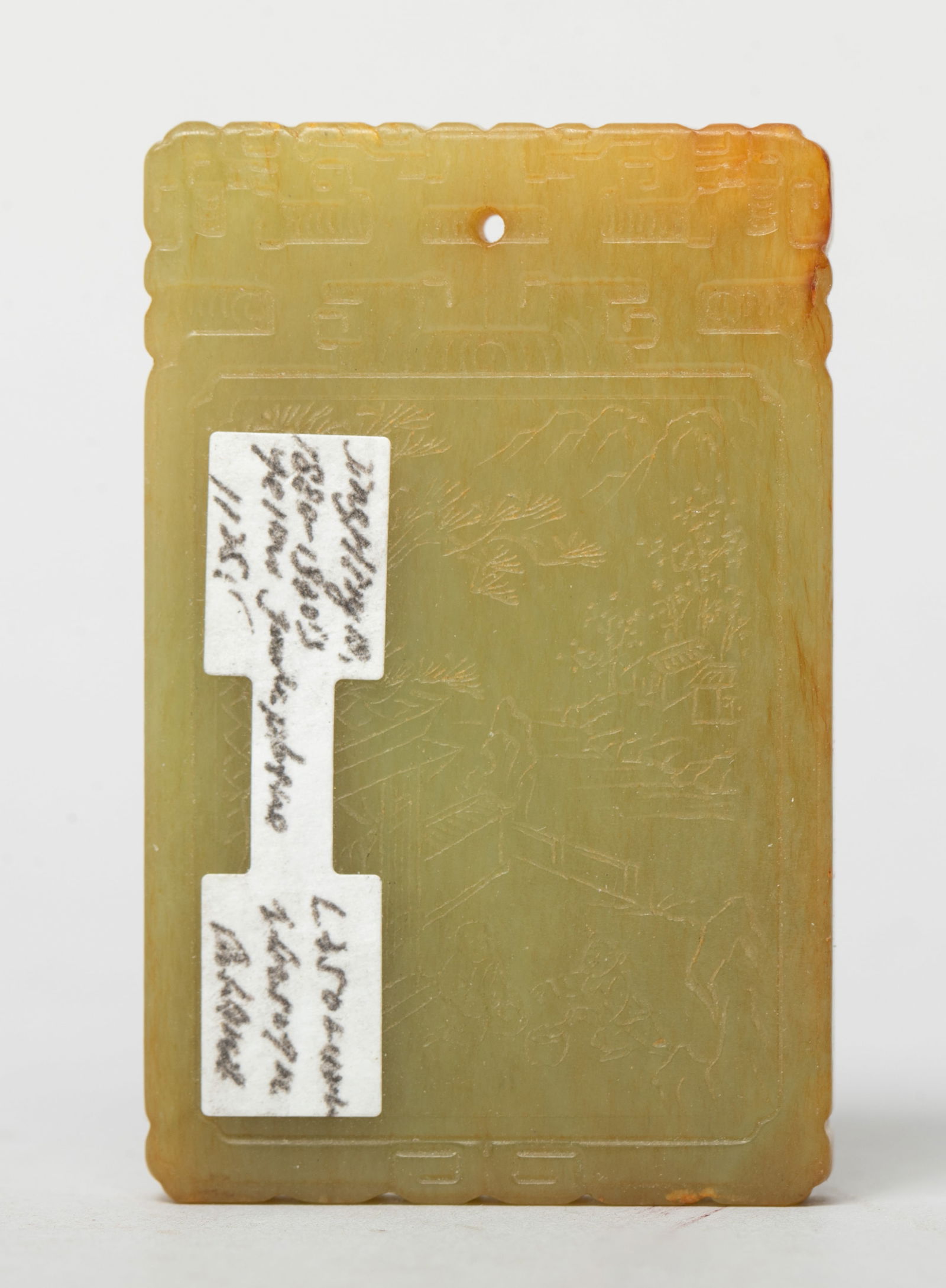 Estate Chinese Yellow Jade Plaque: Of rectangular shape, one side incised with two boys in landscape setting, the reverse with riverbank landscape scene, inscribed with poem and seal mark, all below a pair of archaistic dragons. Approx