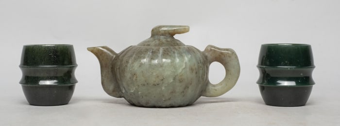 Estate Chinese Jade Carved Tea Pot, Cups