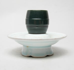 Chinese Spinach Jade Cup w/ Porcelain Base