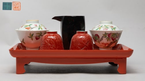 Set Chinese Porcelain Tea Cups, Lacquer Wares
