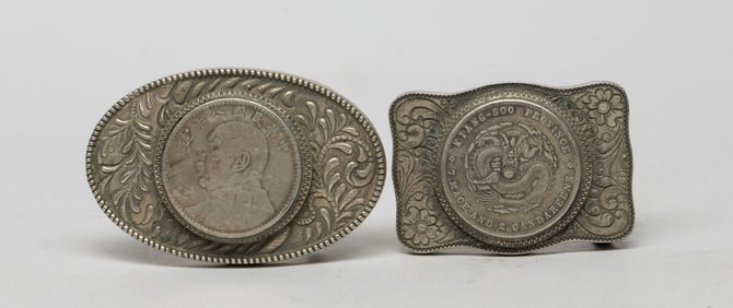 Two Large Chinese Export Silver Tone Belt Buckles
