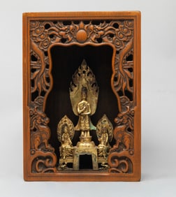 Chinese Gilt Bronze Buddha w/ Wood Case
