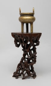 Chinese Bronze Censer on Tall Wood Stand
