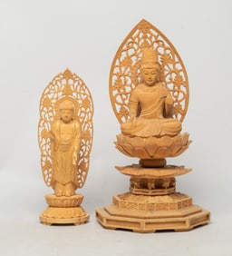 Two Vintage Japanese Carved Wood Buddha