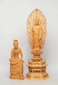 Two Vintage Japanese Carved Wood Buddha