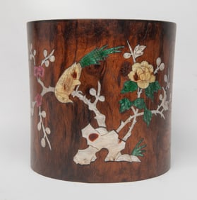 Large Chinese Hard Wood Inlaid MOP Brush Pot