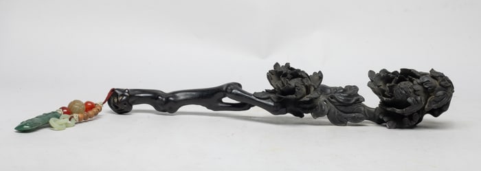 Chinese Zitan Wood Ruyi w/ Jade Pendant