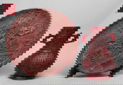 Estate Chinese Cinnabar Like Vase, Plate