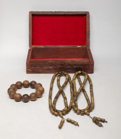 Estate Box of Asian Agarwood Carved Prayer Beads