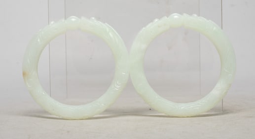 Two Chinese Export Jade Carved Dragon Bangles