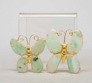 Two Chinese Jade, Gold on Silver Brooches