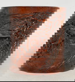 Estate Chinese Carved Wood Brush Pot