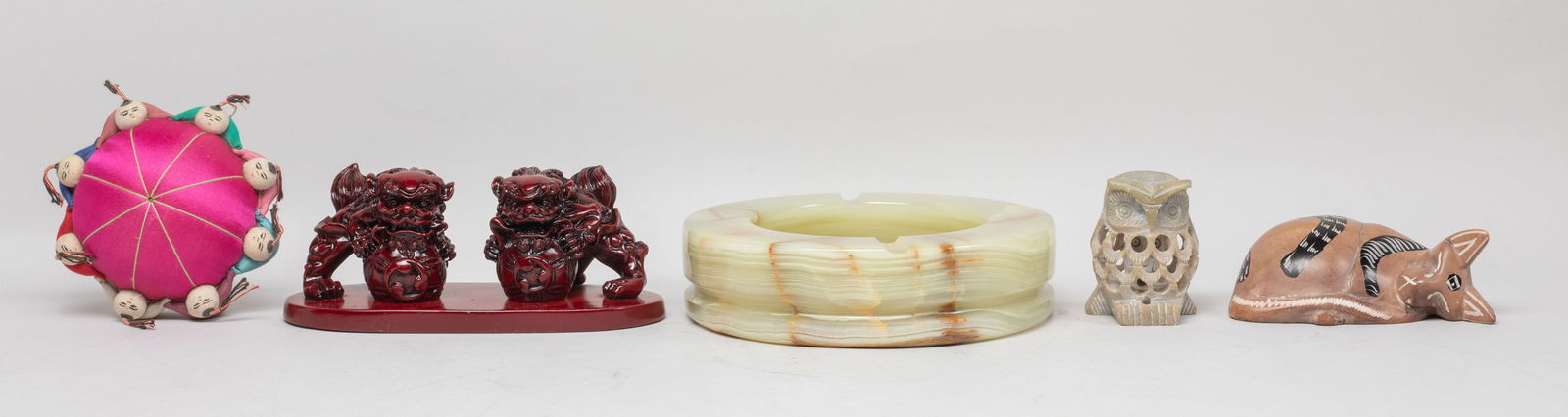 Estate Chinese Marble, Sculptures, Decors: Including a stone owl sculpture, a fox sculpture, a marble ash tray, a qilin sculpture, and a silk decor. Approx. 6*1.6 inch (ash tray size).