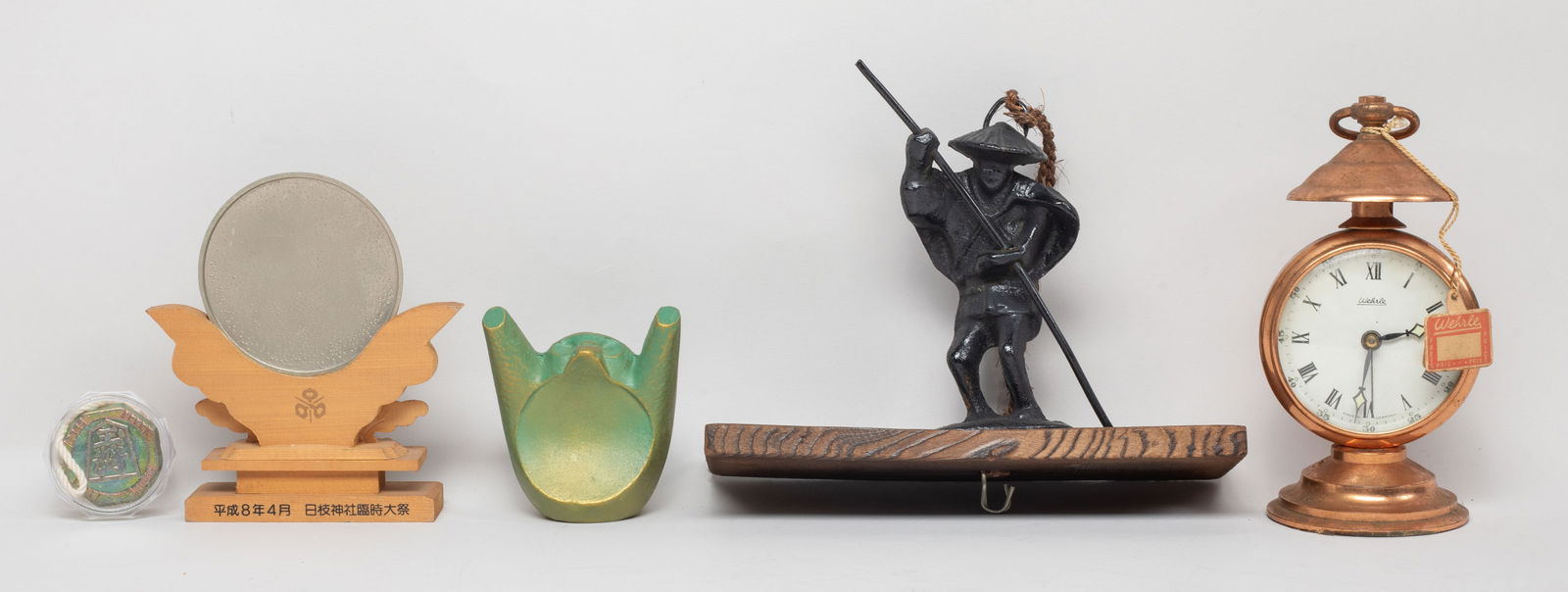 Estate Set Japanese Vintage Sculptures: Including a table clock, three table sculpture, and a metal decor with case. Approx. 4.9*2.6*2.3 inch (clock size).