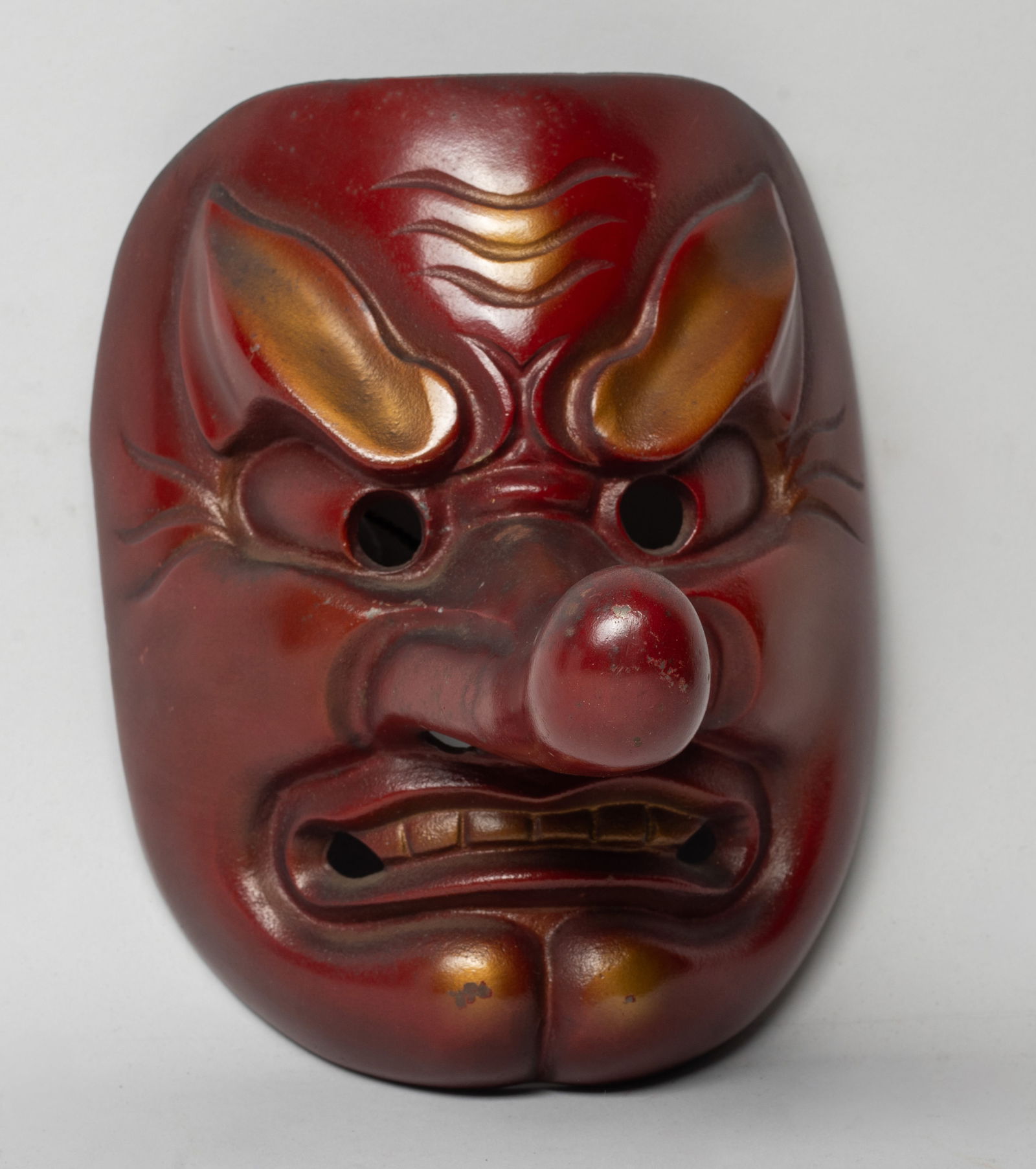 Vintage Japanese Painted Metal Hanging Mask: Vintage Japanese painted metal hanging mask. Approx. 7.5*6.2*6 inch.