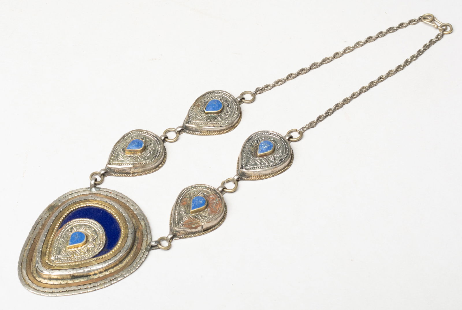 Vintage West Asian Lapis Necklace: Vintage special necklace inlaid with lapis. Approx. 17 inch L.