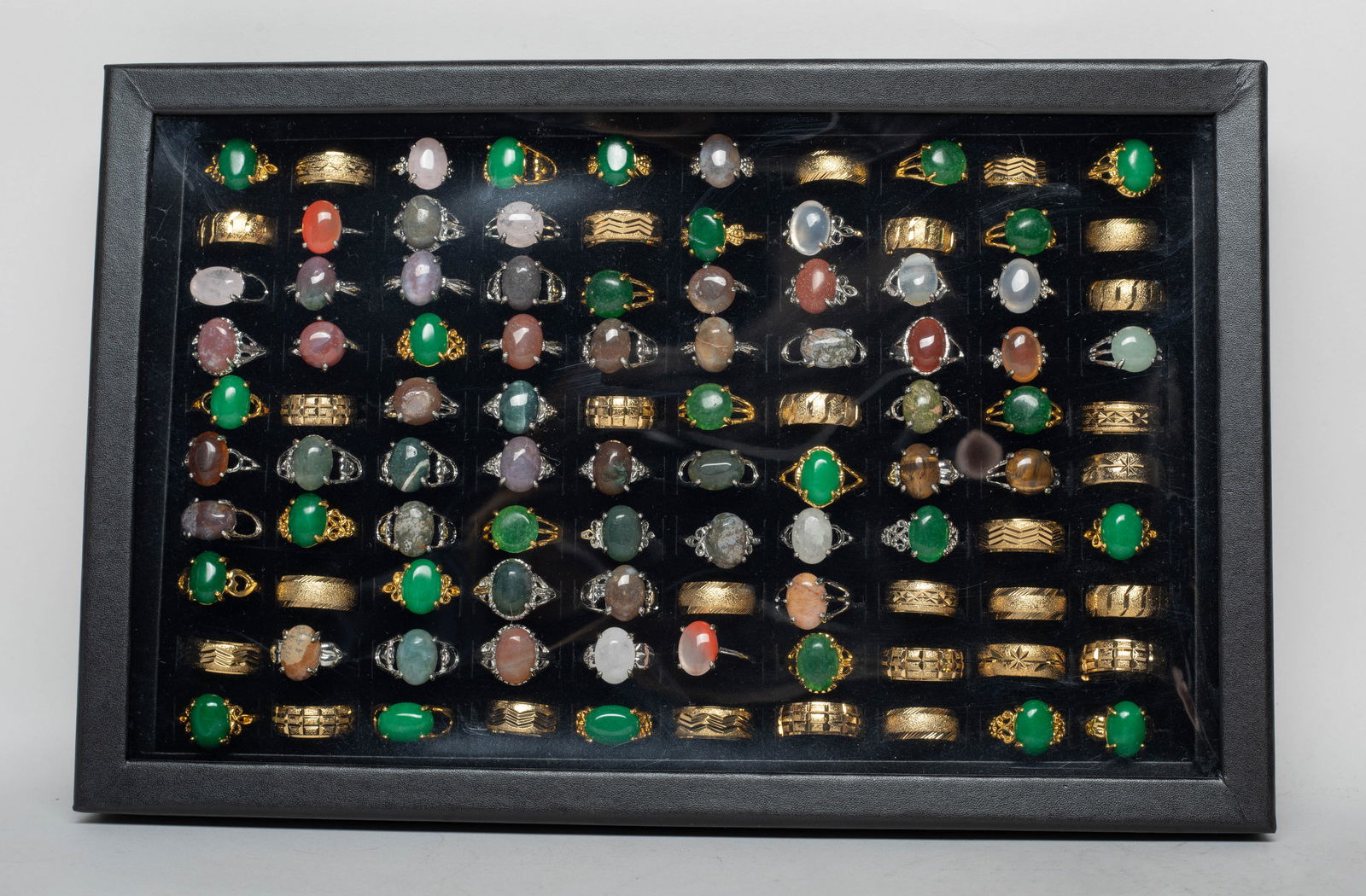 Estate Large Set Chinese Export Rings: Large set of Chinese rings, some rings inlaid with gemstone, with case. Size varies.