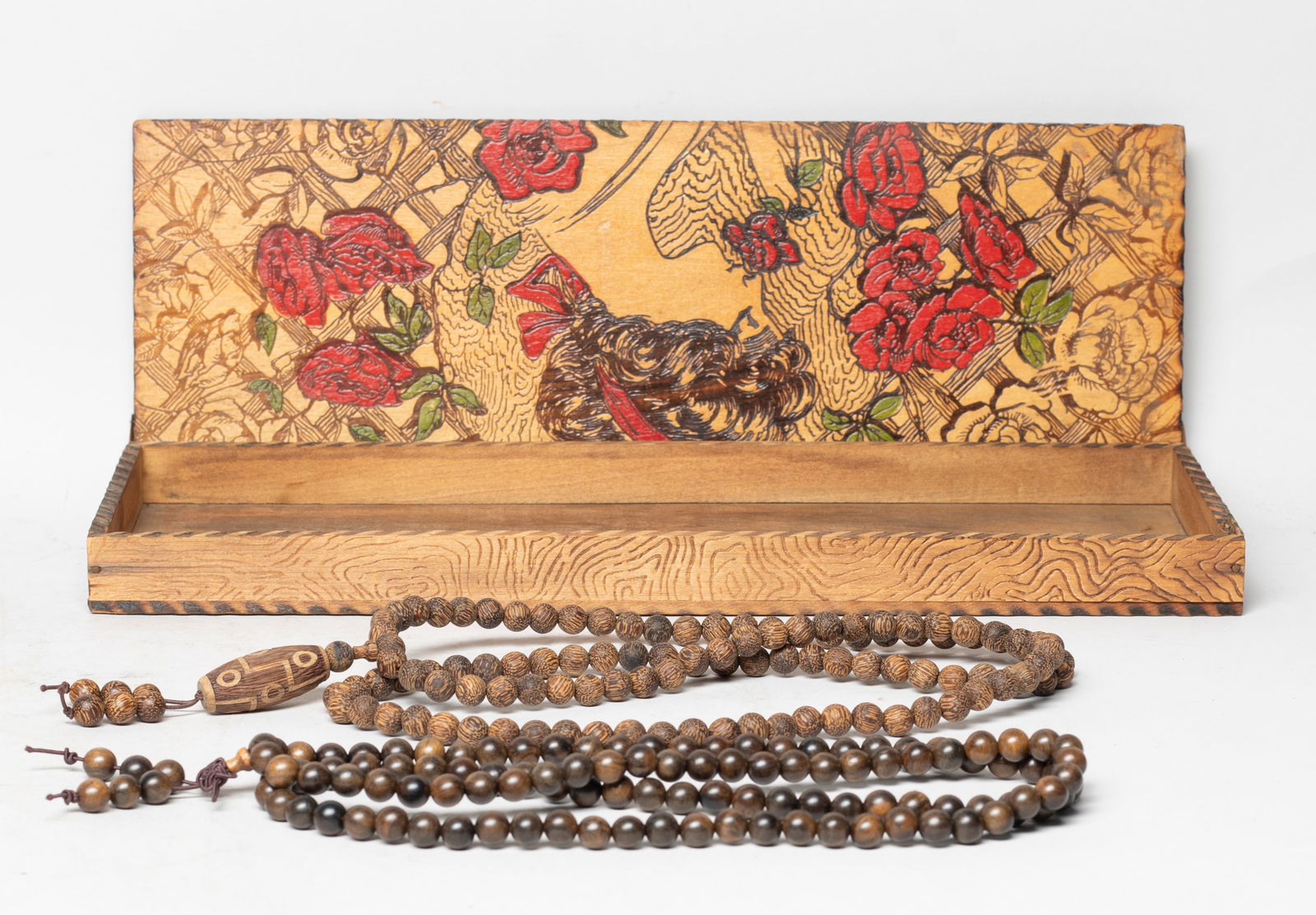 Chinese Export Agarwood Necklaces: Two long Chinese agarwood necklaces, with box. Approx. 70 gram (total bead weight), 33 inch L (longer).