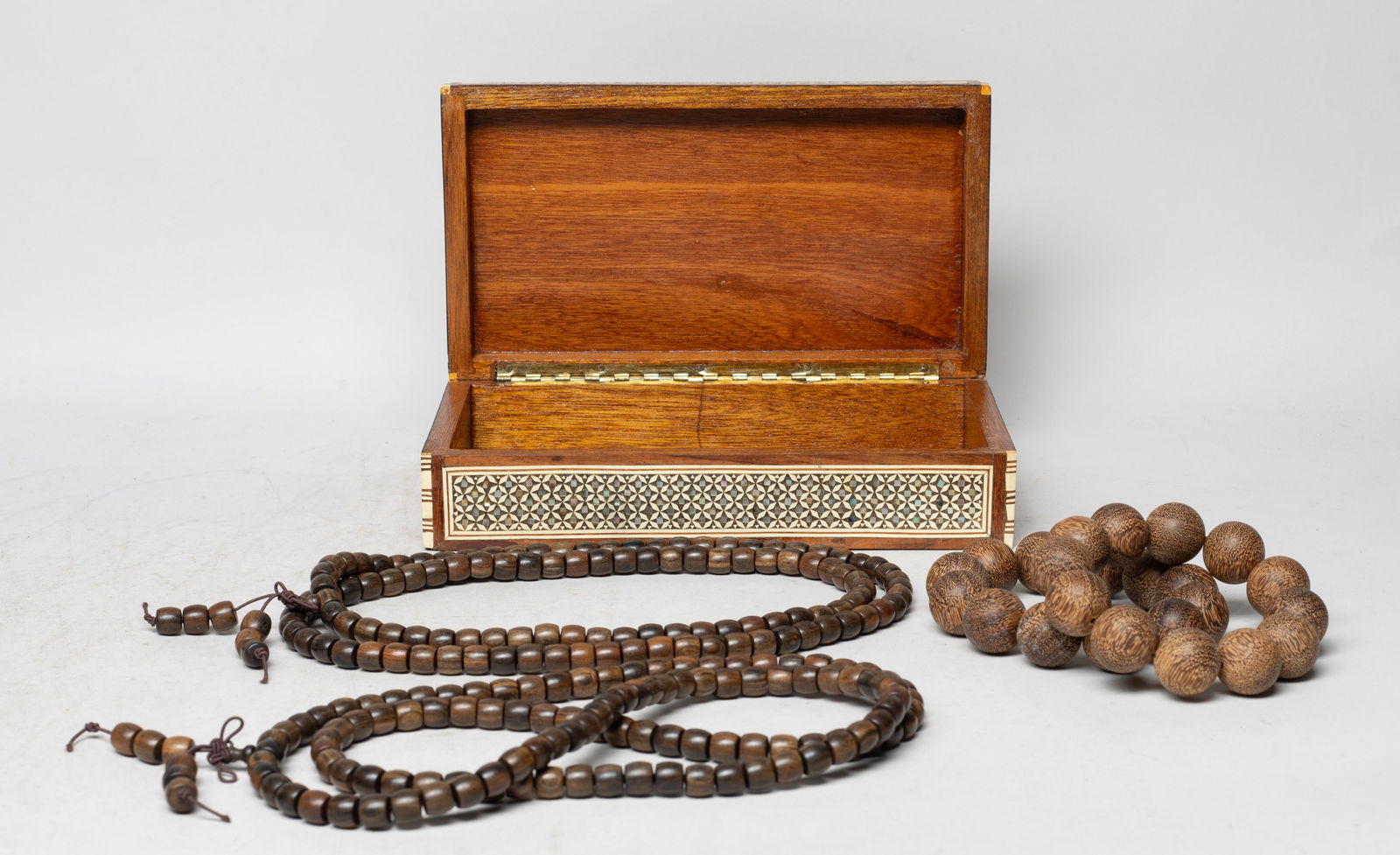 Asian/ Chinese Export Agarwood Prayer Beads: Three strings of Asian / Chinese agarwood prayer beads, with box inlaid with mother-of-pearl, with box. Approx. 200 gram (total wood weight), 0.8 inch D (larger bead size).